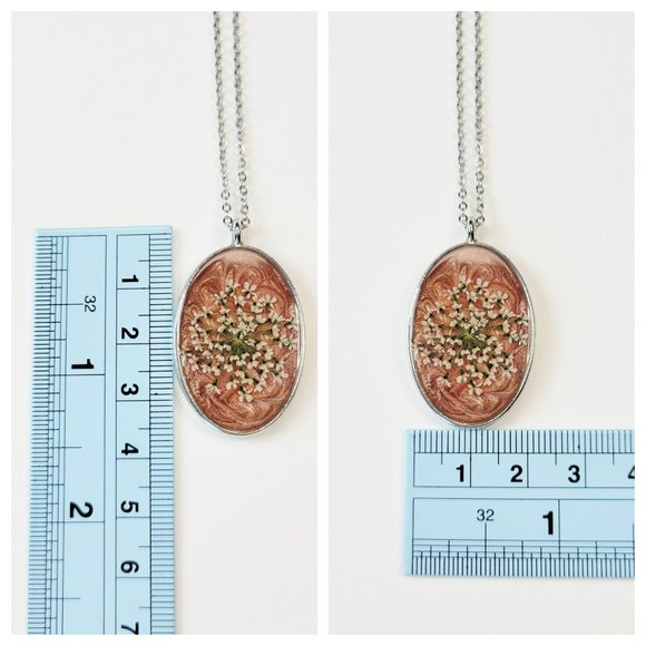 Floral Pendant Necklace Metallic Copper and Cream Pressed Dried Flower Pendant - Picture 7 of 10